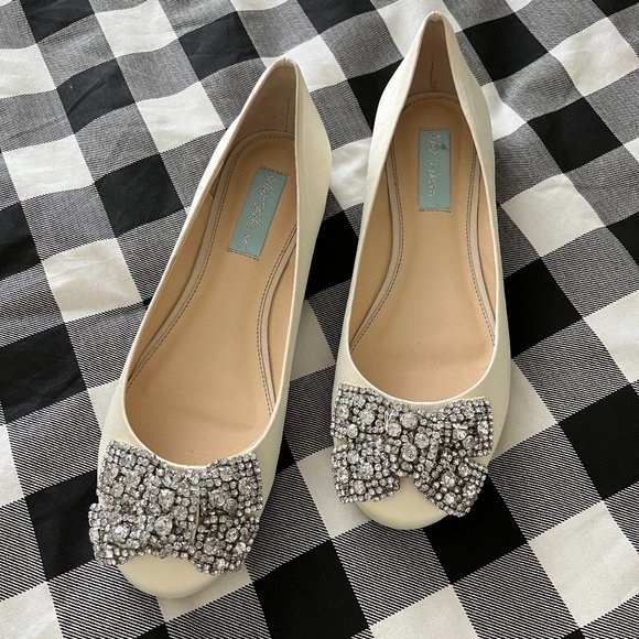 Ivory Satin Blue by Betsey Johnson Wedding Flats - Picture 1 of 2